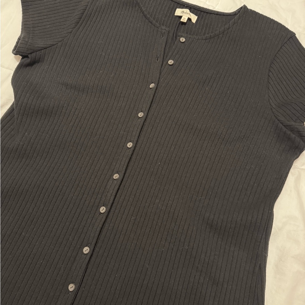 Madewell Black Short-Sleeve Ribbed Button-Front Mini Dress - Picture 2 of 7